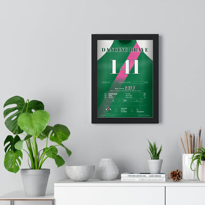 Dancing Brave Prix de l'Arc de Triomphe 1986 Horse Racing Poster - Rated 141 Silks Print framed on a living room wall