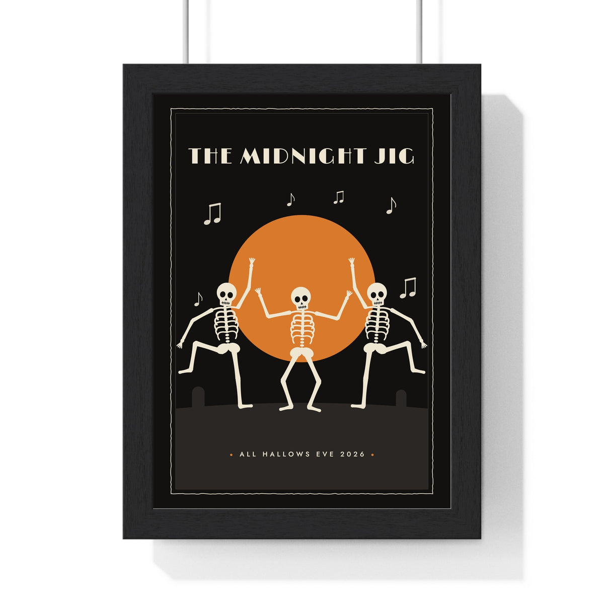 Dancing Skeletons Vintage Halloween Print - framed dancing skeletons print in cream on black