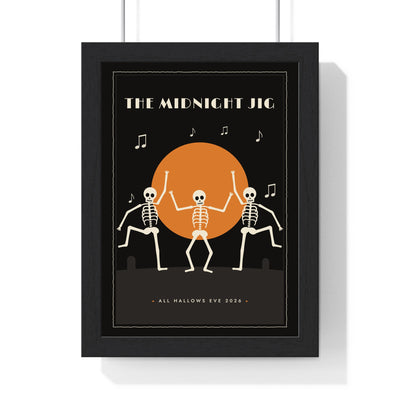 Dancing Skeletons Vintage Halloween Print - framed dancing skeletons print in cream on black