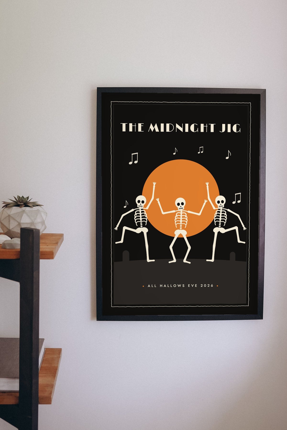 Dancing Skeletons Vintage Halloween Print - vintage skeleton dance print on a lounge wall
