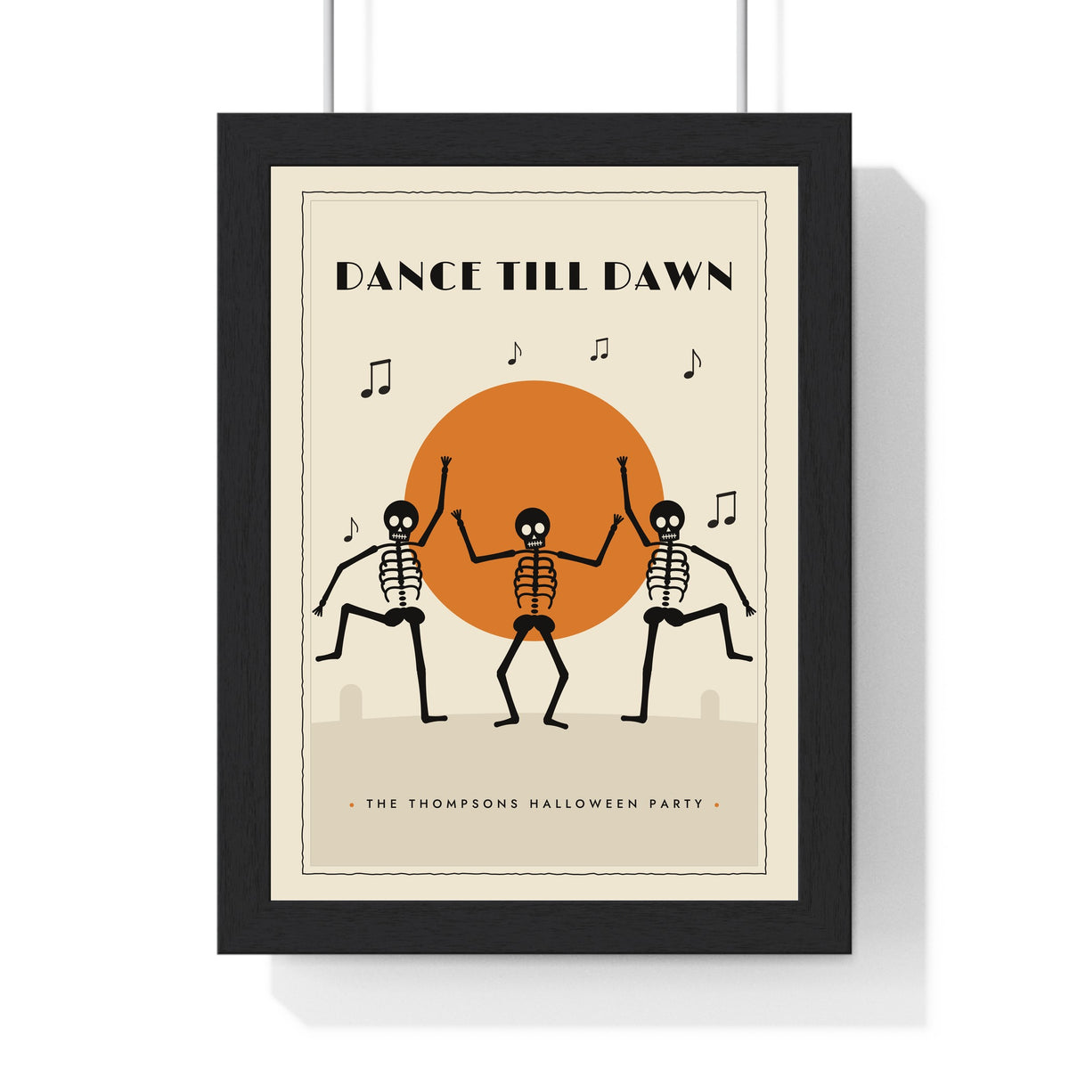 Dancing Skeletons Vintage Halloween Print - framed black on cream party version