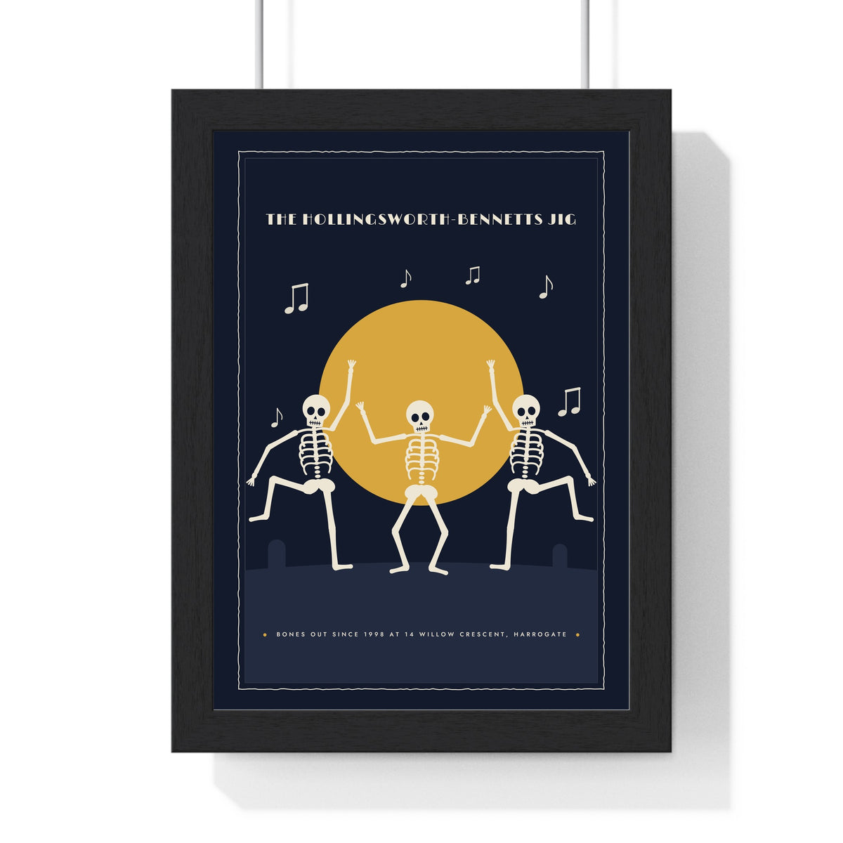 Dancing Skeletons Vintage Halloween Print - framed midnight navy version with a long title