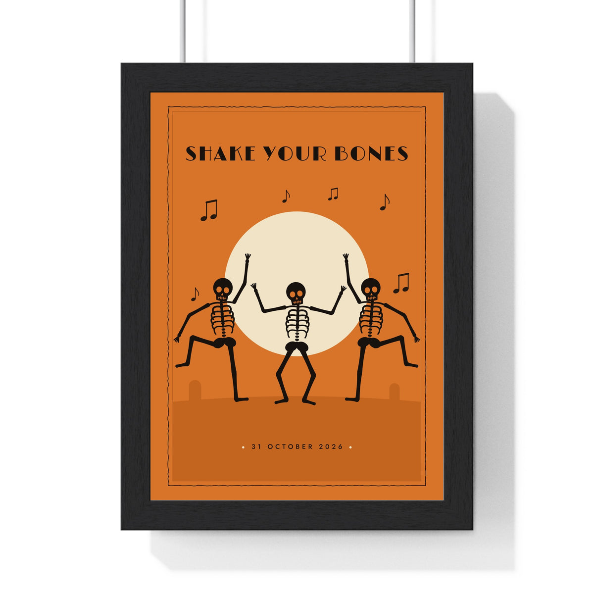 Dancing Skeletons Vintage Halloween Print - framed pumpkin orange version
