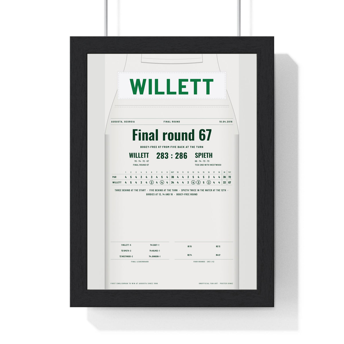 Danny Willett Augusta 2016 Golf Poster - Caddie Overalls Final Round 67 Print framed in a black frame, ready to hang