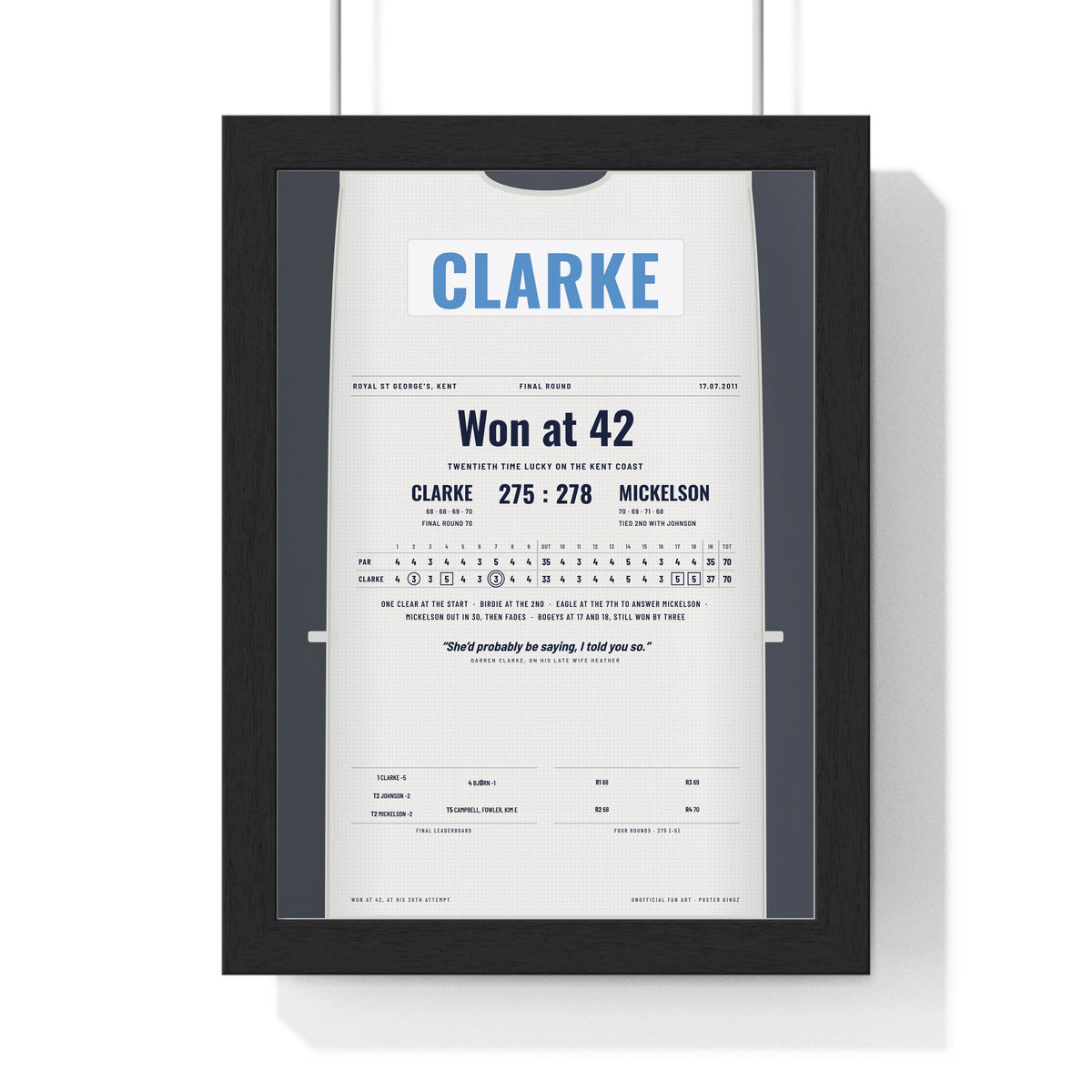Darren Clarke Royal St George's 2011 Golf Poster - Caddie Bib Final Round Win Print framed in a black frame, ready to hang