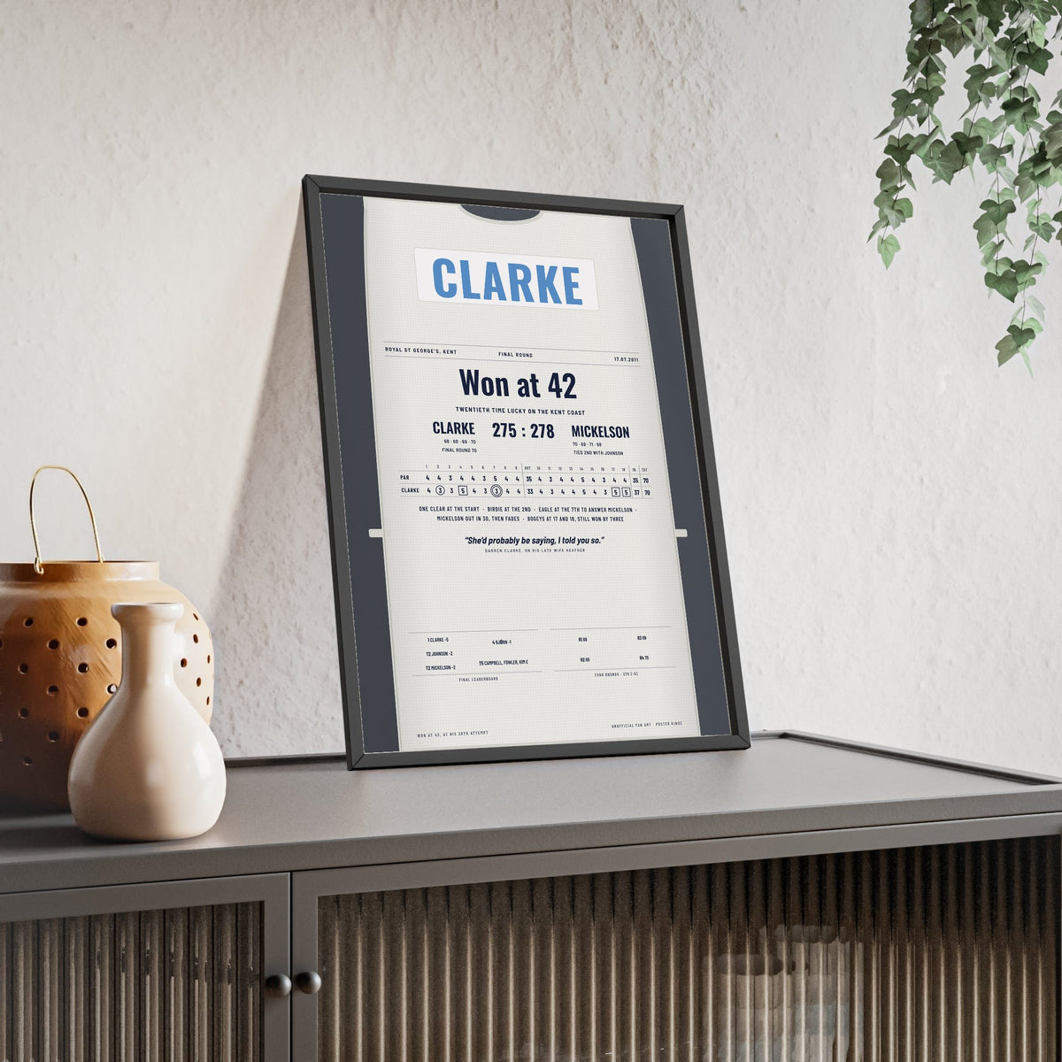 Darren Clarke Royal St George's 2011 Golf Poster - Caddie Bib Final Round Win Print framed and leaning on a sideboard