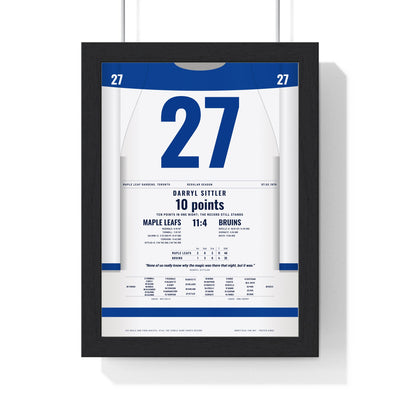 Darryl Sittler 1976 10 Point Game Poster - Toronto Maple Leafs 27 Hockey Jersey Print framed in a black frame, ready to hang
