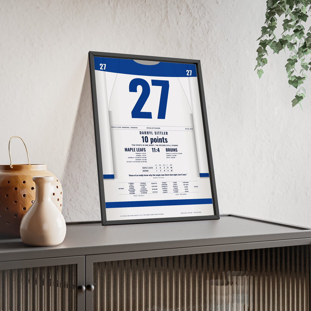 Darryl Sittler 1976 10 Point Game Poster - Toronto Maple Leafs 27 Hockey Jersey Print framed and leaning on a sideboard