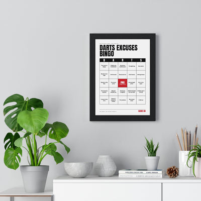 Darts Excuses Bingo print framed on a living room wall