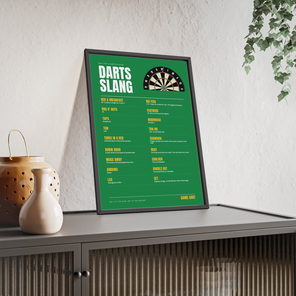 Darts Slang print framed and leaning on a sideboard