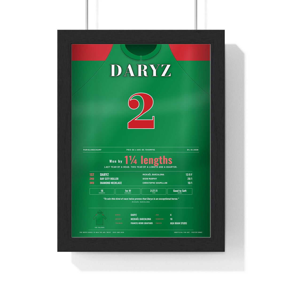 Daryz Arc 2026 Horse Racing Poster - Back-to-Back Arc Winner Silks Print framed in a black frame, ready to hang