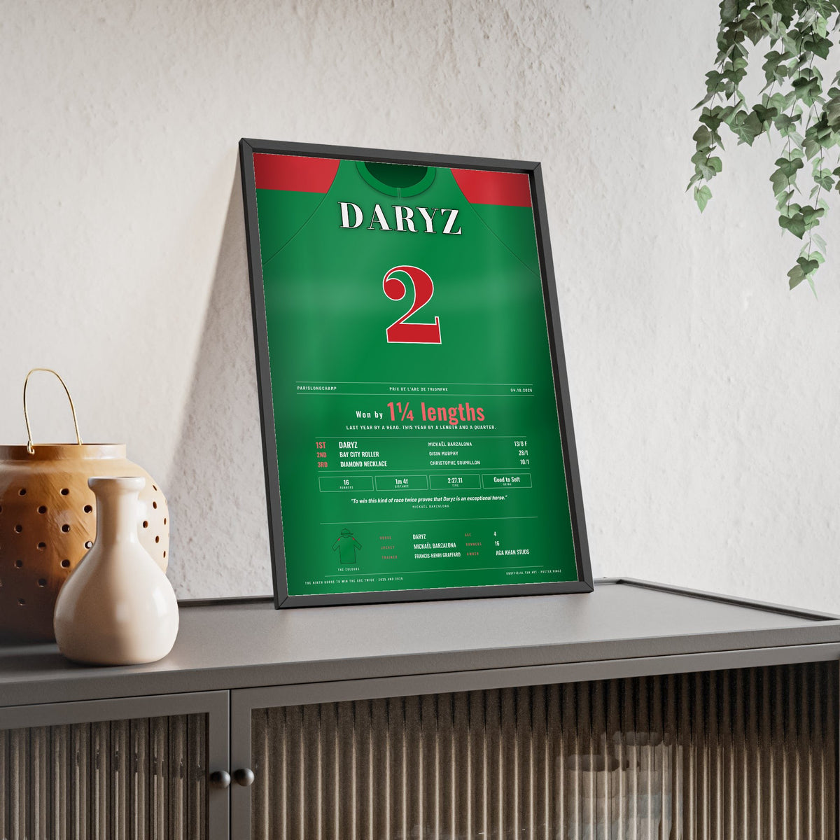Daryz Arc 2026 Horse Racing Poster - Back-to-Back Arc Winner Silks Print framed and leaning on a sideboard