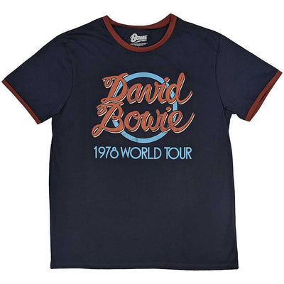 Navy t-shirt with David Bowie Unisex Ringer - 1978 World Tour (Navy Blue) Official Merch
