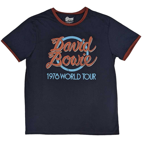 David Bowie 1978 World Tour navy ringer t-shirt with red contrasting collar and sleeve cuffs