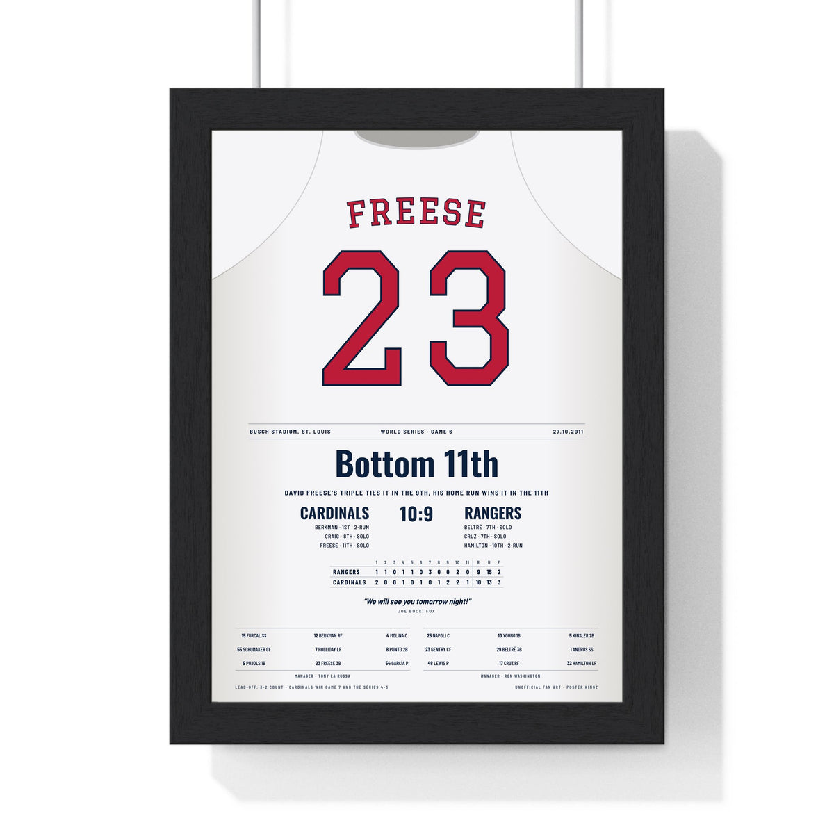 David Freese 2011 World Series Game 6 Walk-Off Home Run Poster - St. Louis Cardinals 23 Jersey Print framed in a black frame, ready to hang