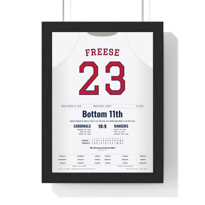 David Freese 2011 World Series Game 6 Walk-Off Home Run Poster - St. Louis Cardinals 23 Jersey Print framed in a black frame, ready to hang