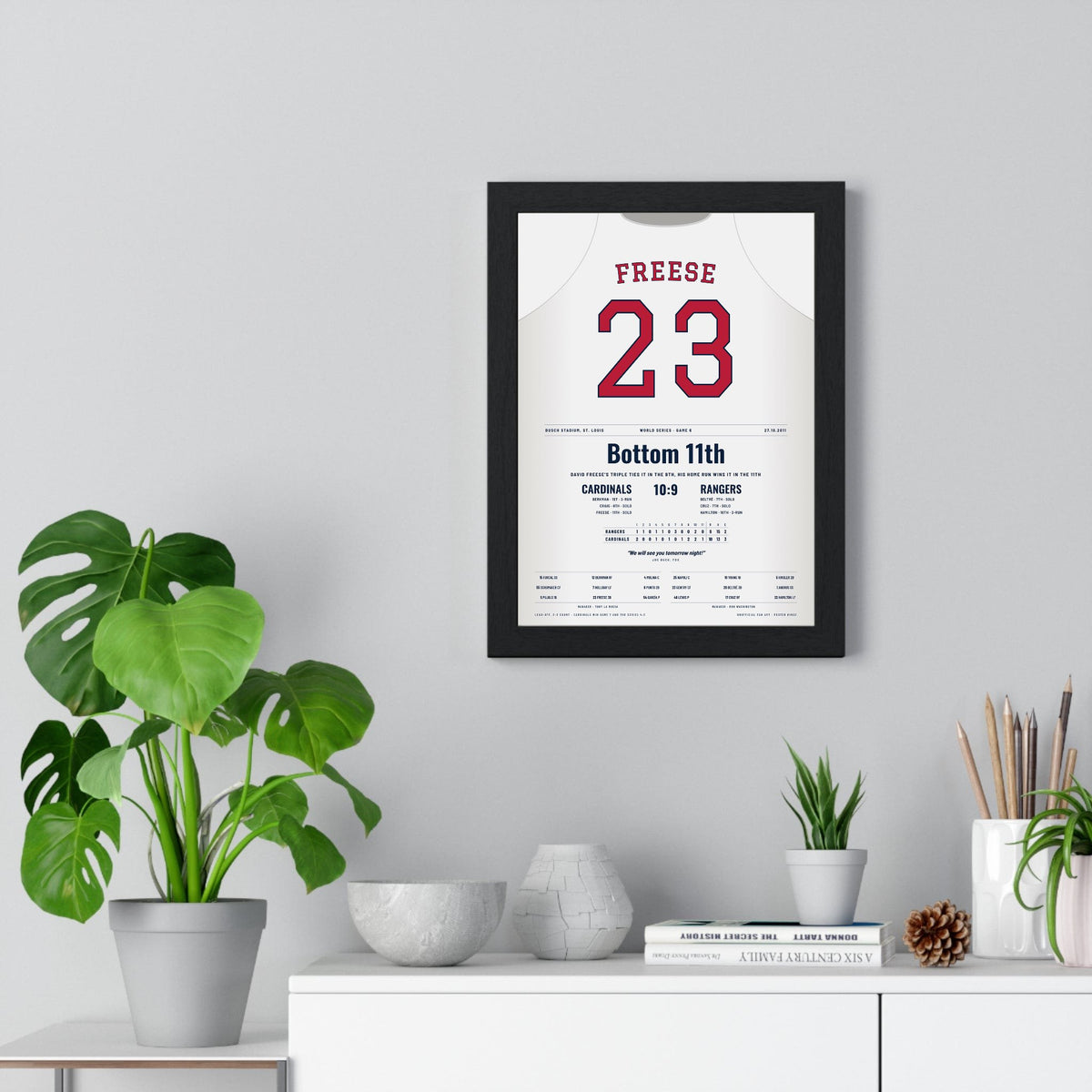 David Freese 2011 World Series Game 6 Walk-Off Home Run Poster - St. Louis Cardinals 23 Jersey Print framed on a living room wall