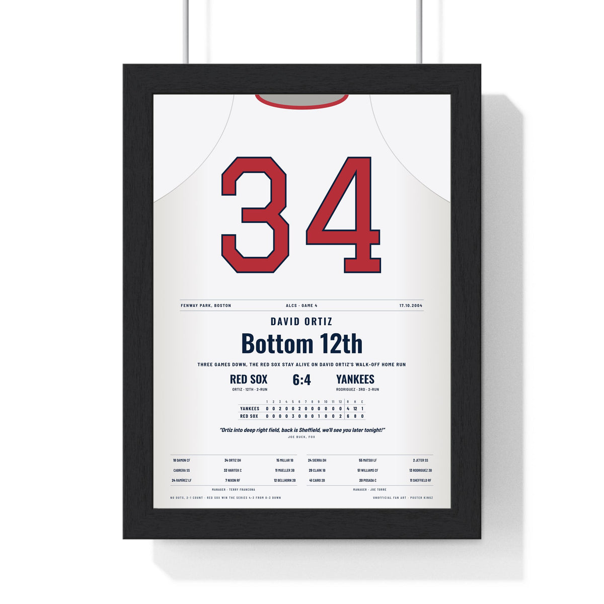 David Ortiz 2004 ALCS Game 4 Walk-Off Home Run Poster - Boston Red Sox 34 Jersey Print framed in a black frame, ready to hang