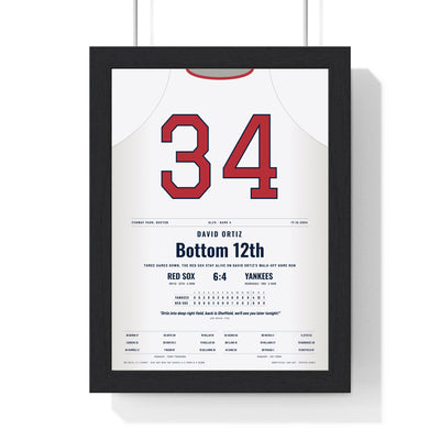David Ortiz 2004 ALCS Game 4 Walk-Off Home Run Poster - Boston Red Sox 34 Jersey Print framed in a black frame, ready to hang