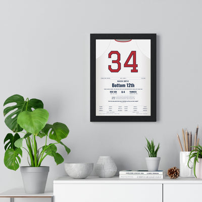David Ortiz 2004 ALCS Game 4 Walk-Off Home Run Poster - Boston Red Sox 34 Jersey Print framed on a living room wall