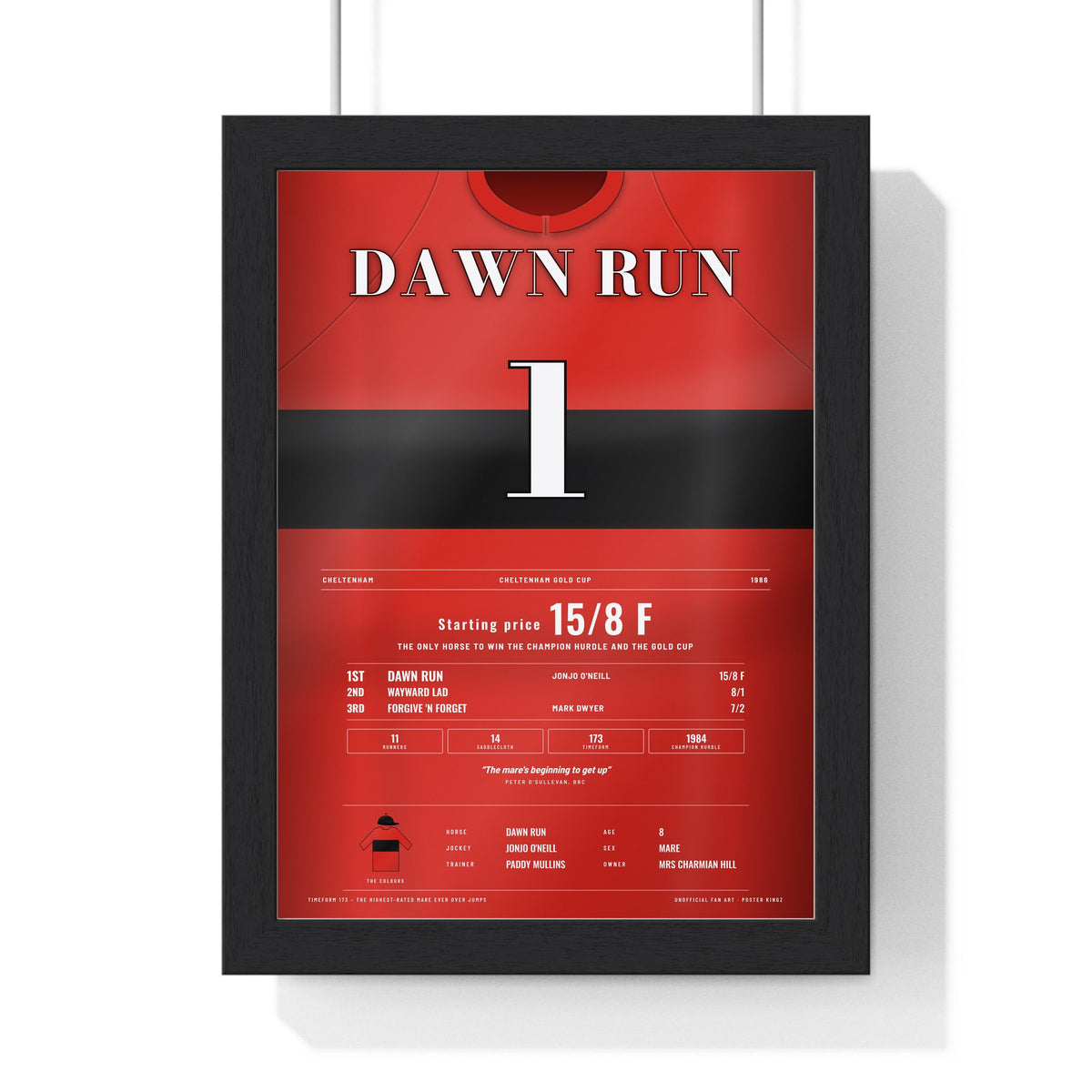 Dawn Run Cheltenham Gold Cup 1986 Horse Racing Poster - Hurdle & Gold Cup Double Silks Print framed in a black frame, ready to hang