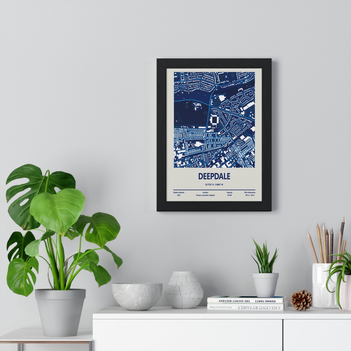 Deepdale Preston North End stadium map poster framed on wall