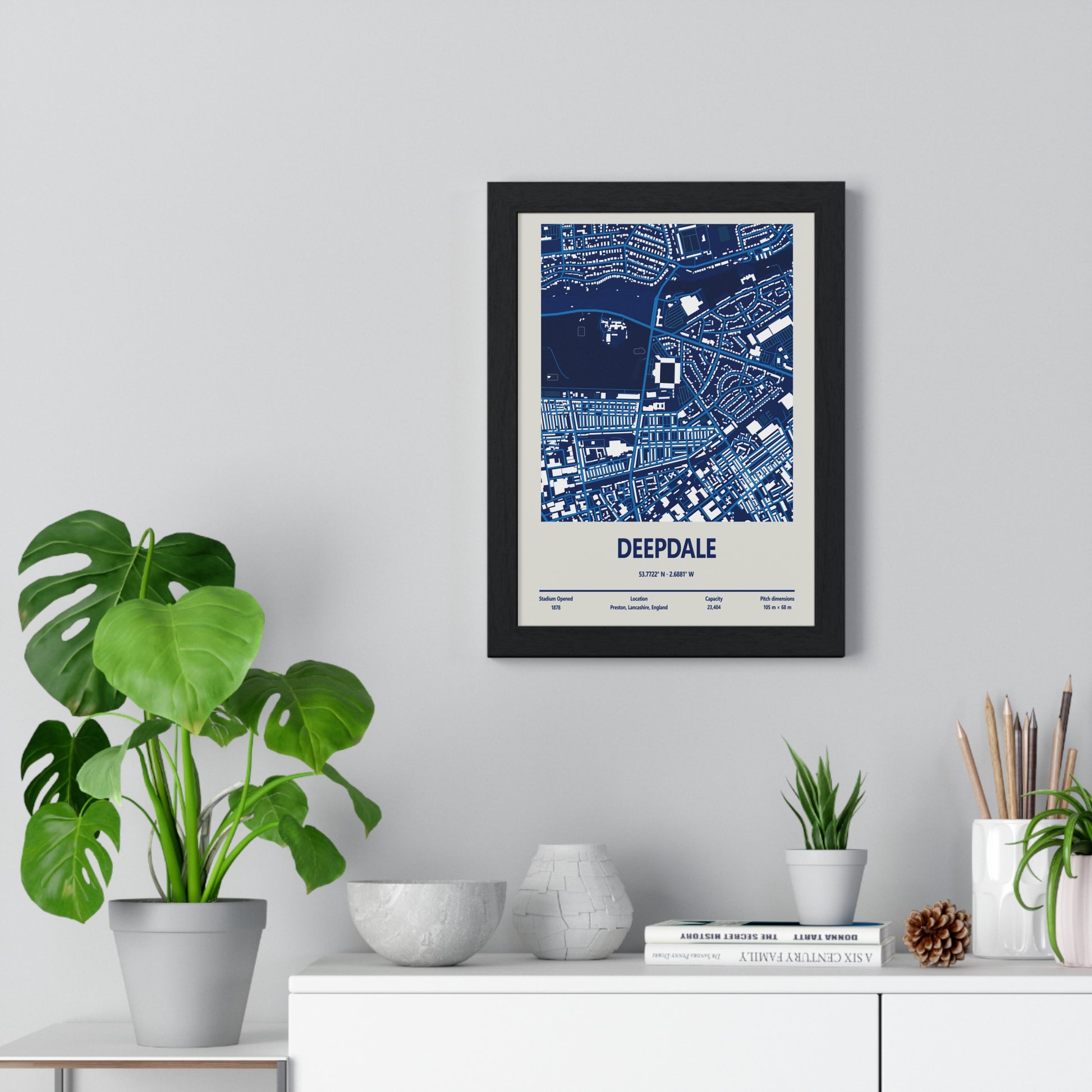Deepdale Preston North End stadium map poster framed on wall