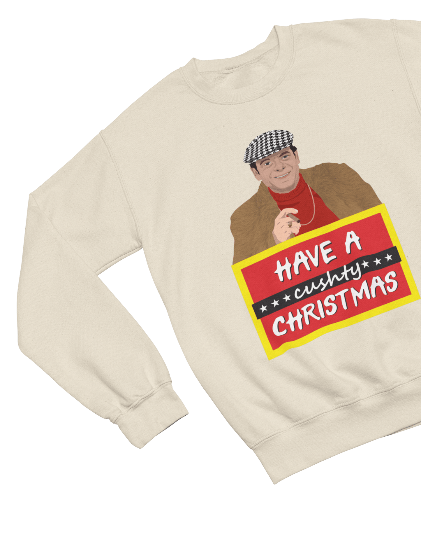 Blue t-shirt with Del Boy Christmas Jumper & - Lovely Jubbly Have a Cushty Christmas Parody wall display