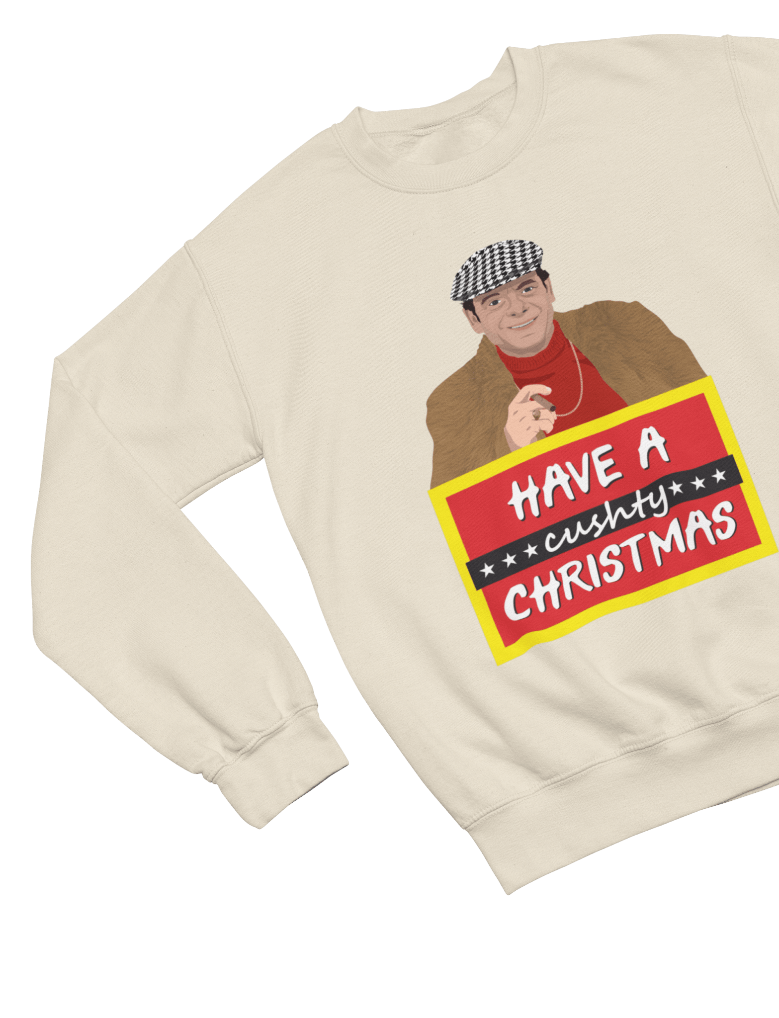 Blue t-shirt with Del Boy Christmas Jumper & - Lovely Jubbly Have a Cushty Christmas Parody wall display