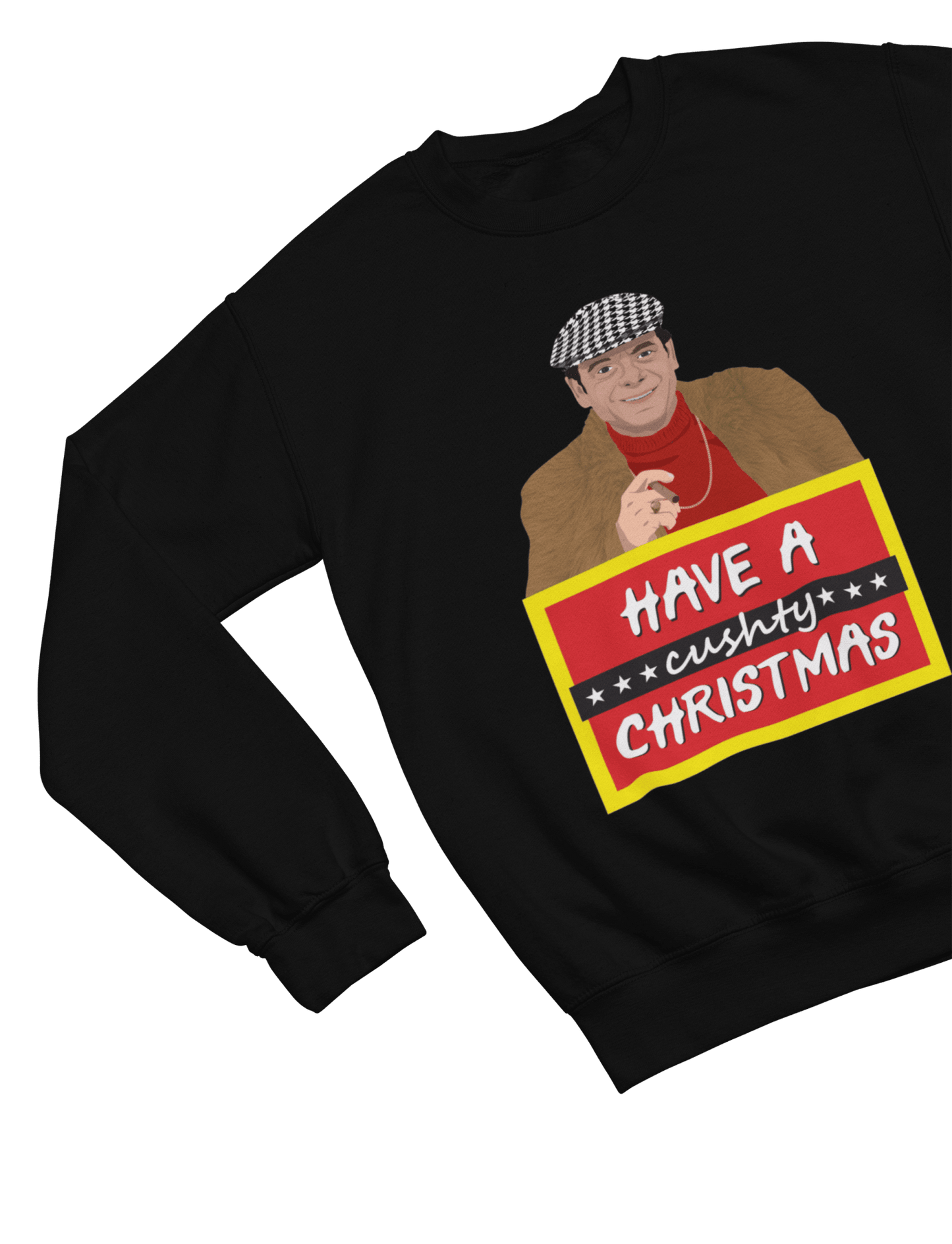 Red t-shirt with Del Boy Christmas Jumper & - Lovely Jubbly Have a Cushty Christmas Parody