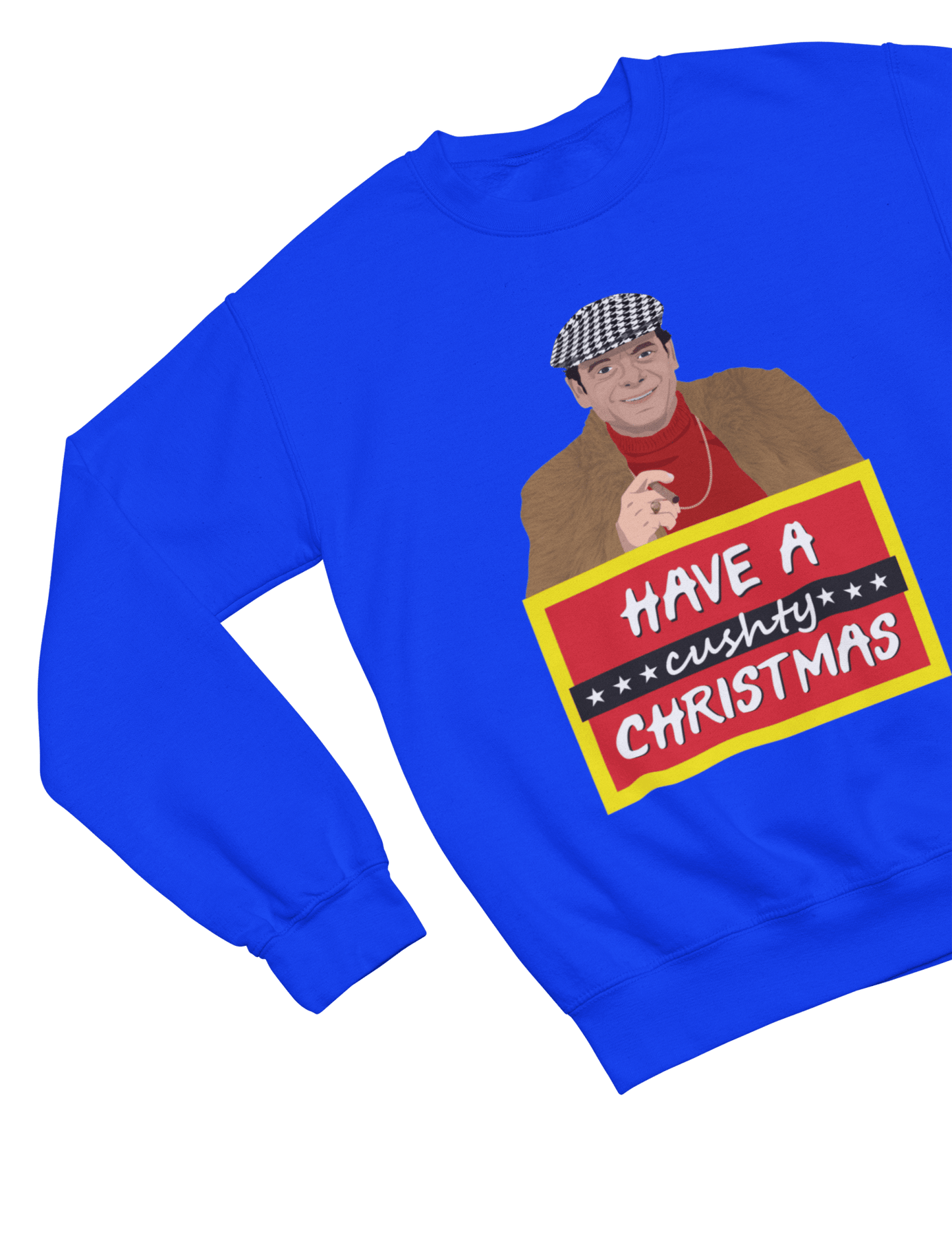 Red t-shirt with Del Boy Christmas Jumper & - Lovely Jubbly Have a Cushty Christmas Parody flat lay