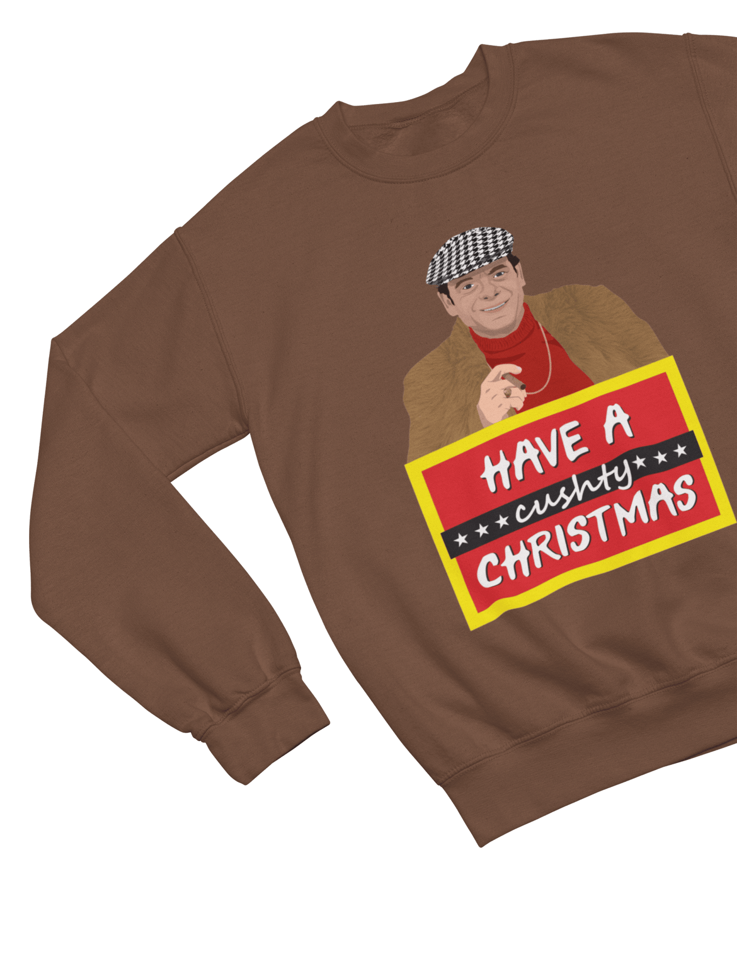 Green t-shirt with Del Boy Christmas Jumper & - Lovely Jubbly Have a Cushty Christmas Parody close-up