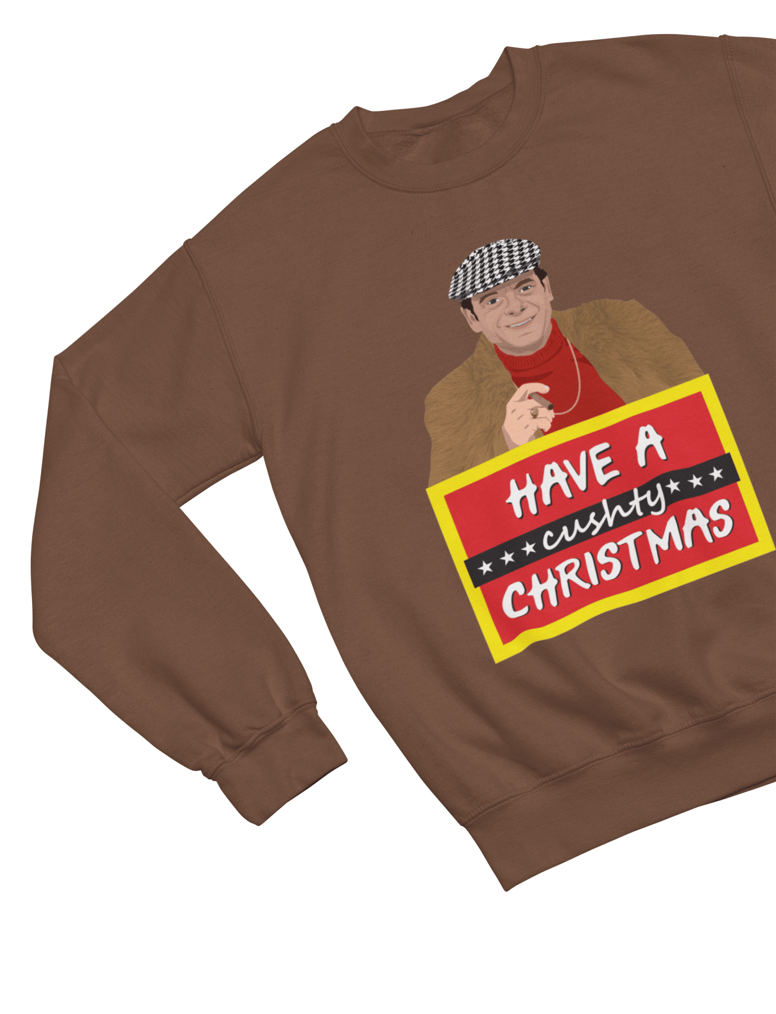Green t-shirt with Del Boy Christmas Jumper & - Lovely Jubbly Have a Cushty Christmas Parody close-up