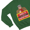 Black t-shirt with Del Boy Christmas Jumper & - Lovely Jubbly Have a Cushty Christmas Parody close-up