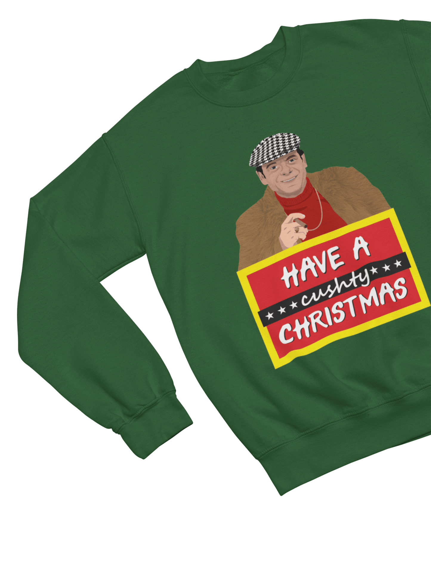 Black t-shirt with Del Boy Christmas Jumper & - Lovely Jubbly Have a Cushty Christmas Parody close-up