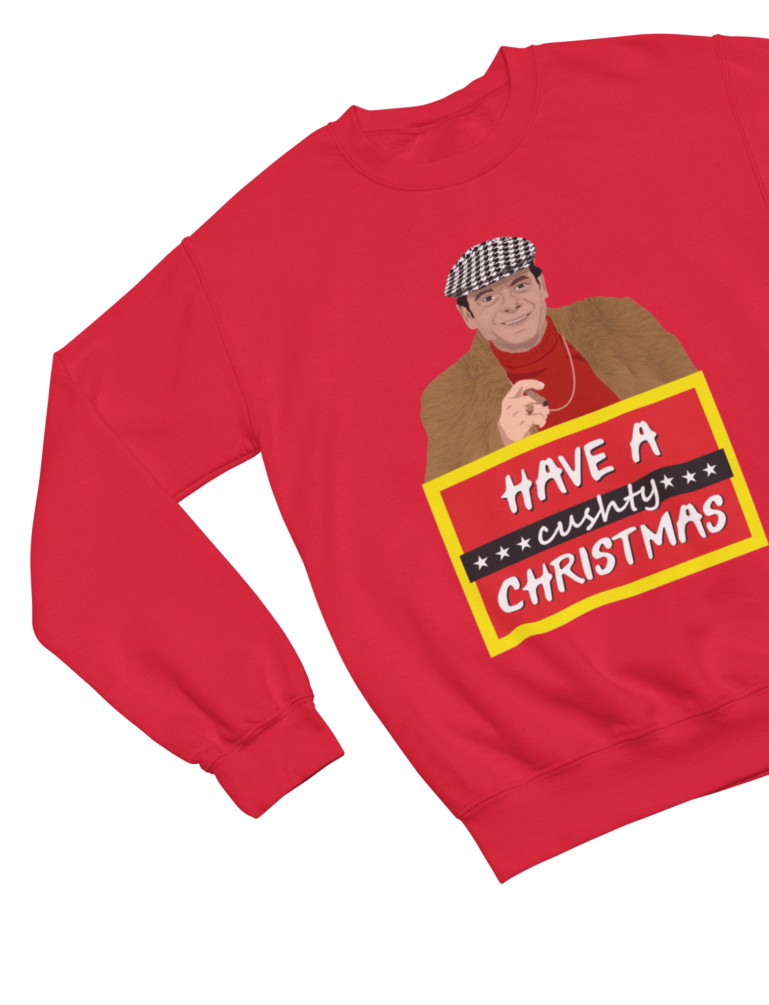 Black t-shirt with Del Boy Christmas Jumper & - Lovely Jubbly Have a Cushty Christmas Parody wall display