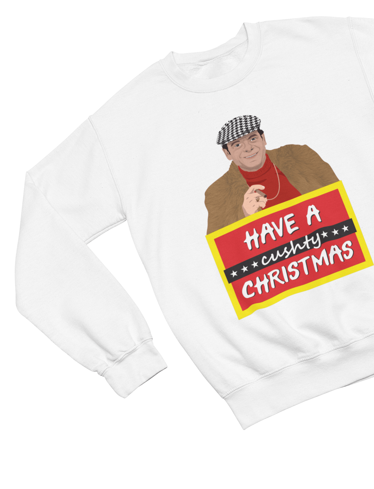 Beige t-shirt with Del Boy Christmas Jumper & - Lovely Jubbly Have a Cushty Christmas Parody close-up