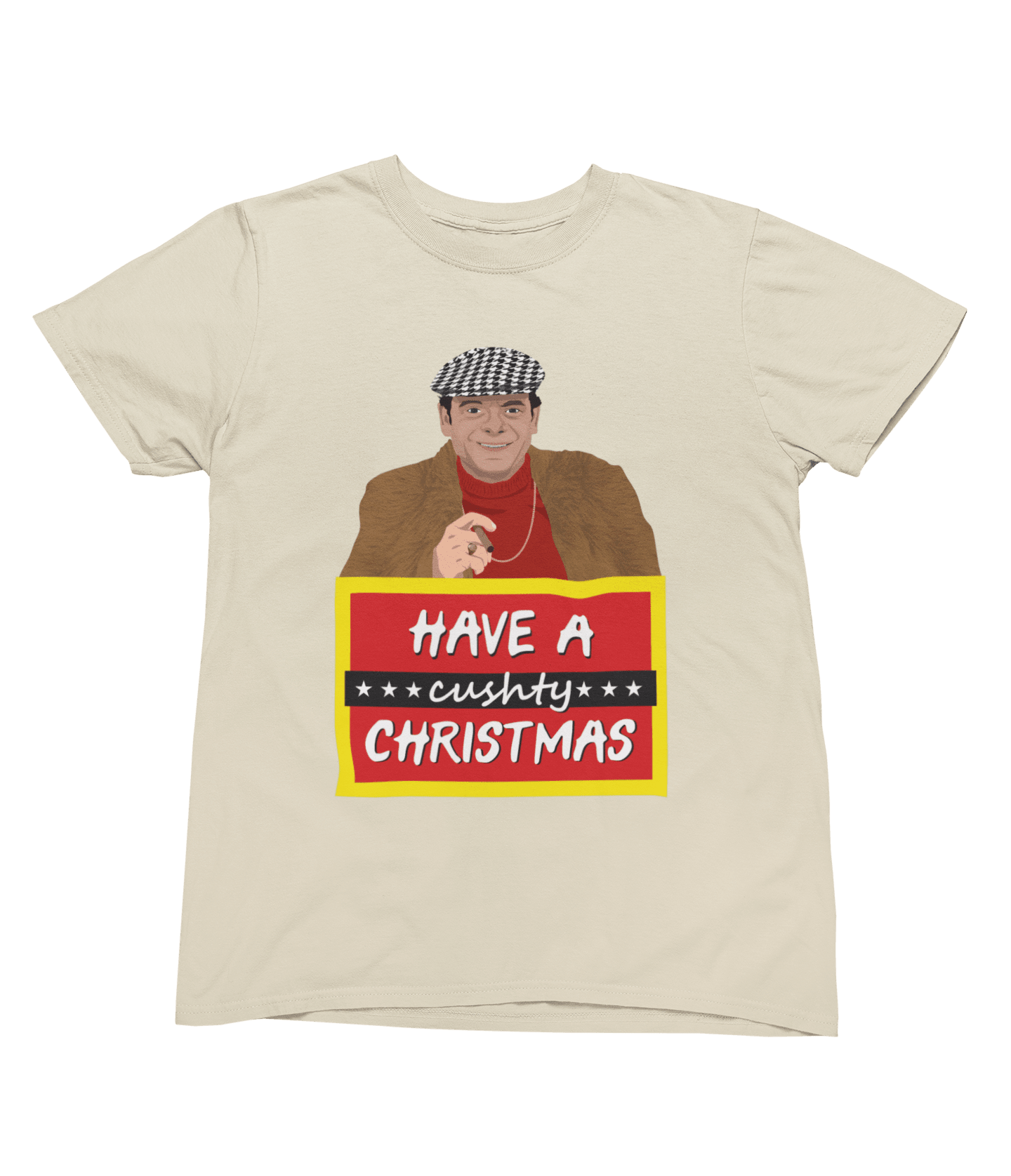Green t-shirt with Del Boy Christmas Jumper & - Lovely Jubbly Have a Cushty Christmas Parody