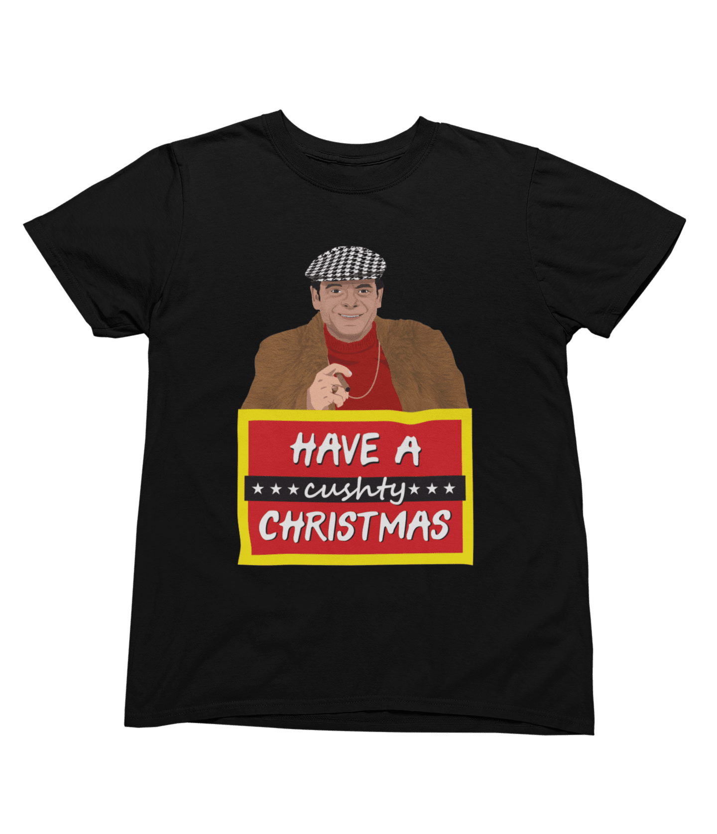 Black t-shirt with Del Boy Christmas Jumper & - Lovely Jubbly Have a Cushty Christmas Parody front view
