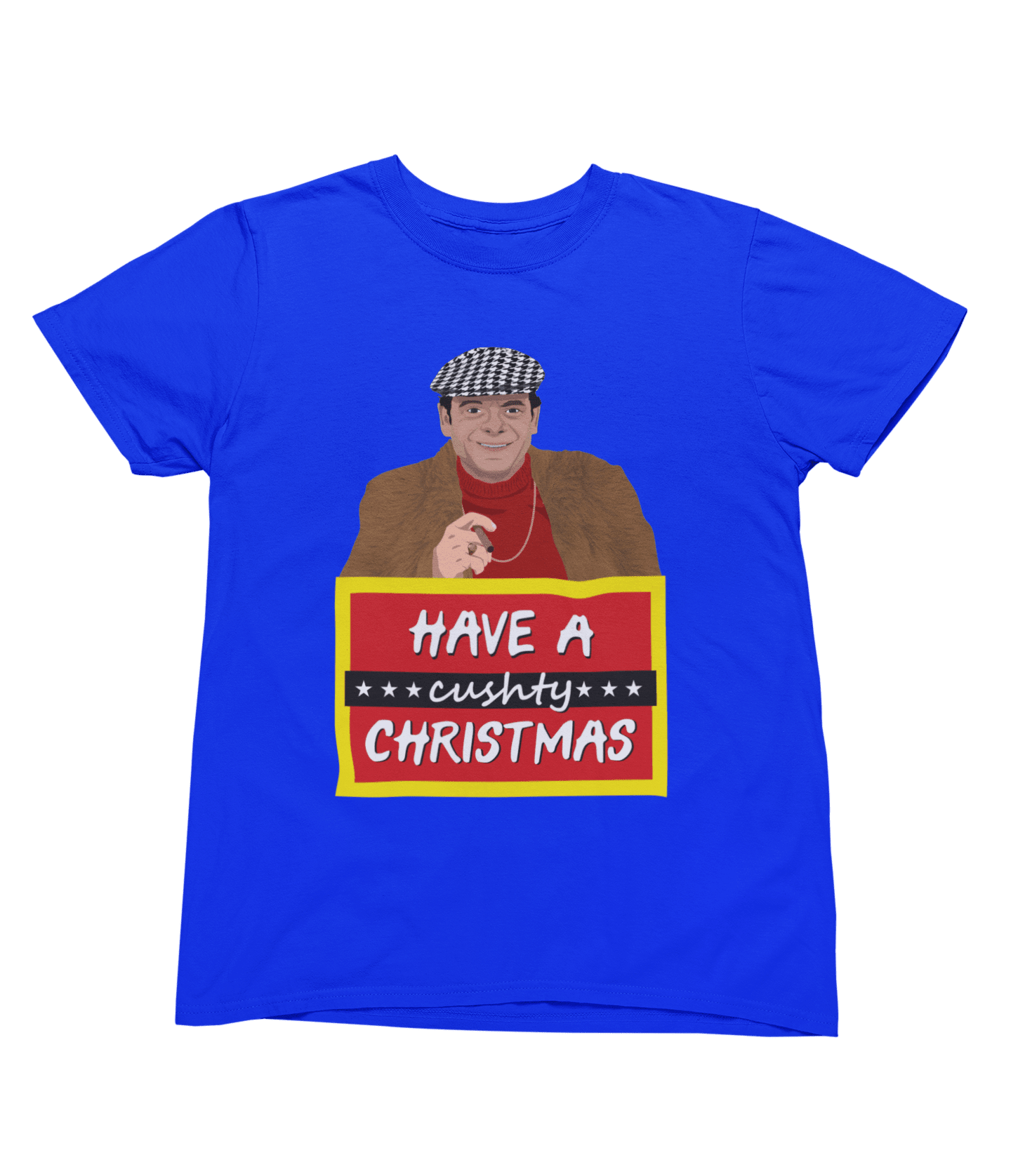 Black t-shirt with Del Boy Christmas Jumper & - Lovely Jubbly Have a Cushty Christmas Parody