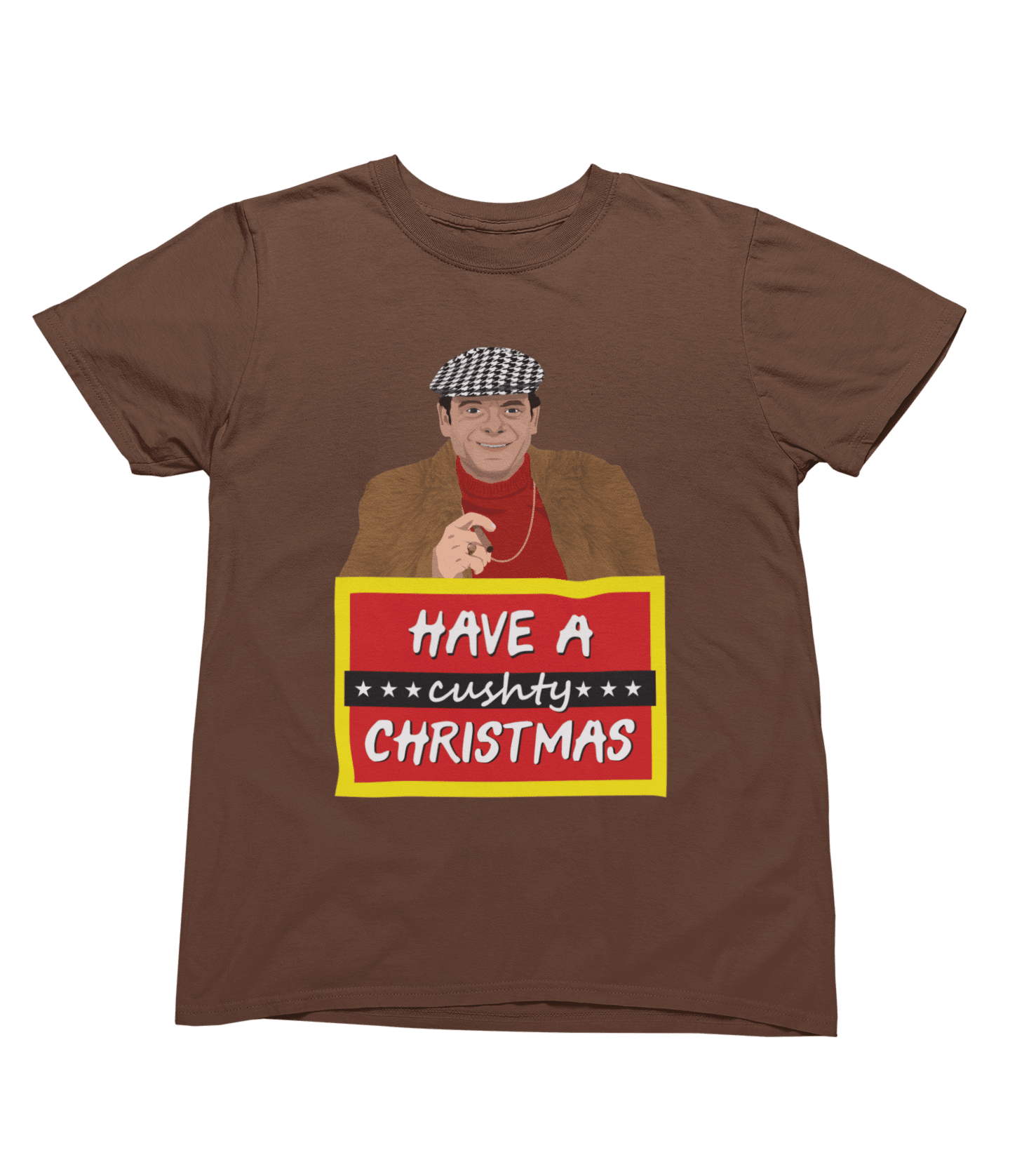 White t-shirt with Del Boy Christmas Jumper & - Lovely Jubbly Have a Cushty Christmas Parody