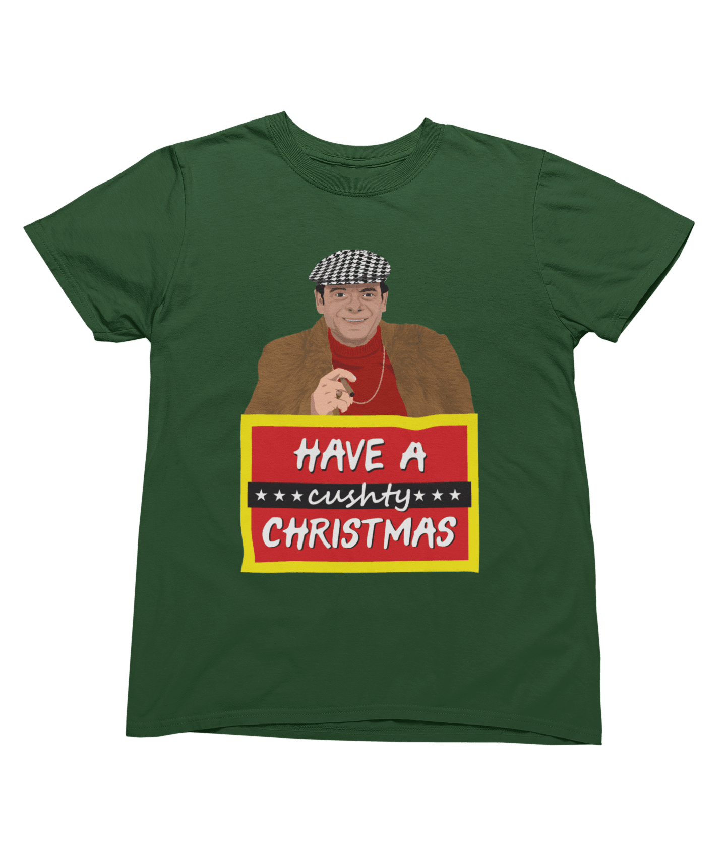 White t-shirt with Del Boy Christmas Jumper & - Lovely Jubbly Have a Cushty Christmas Parody back view