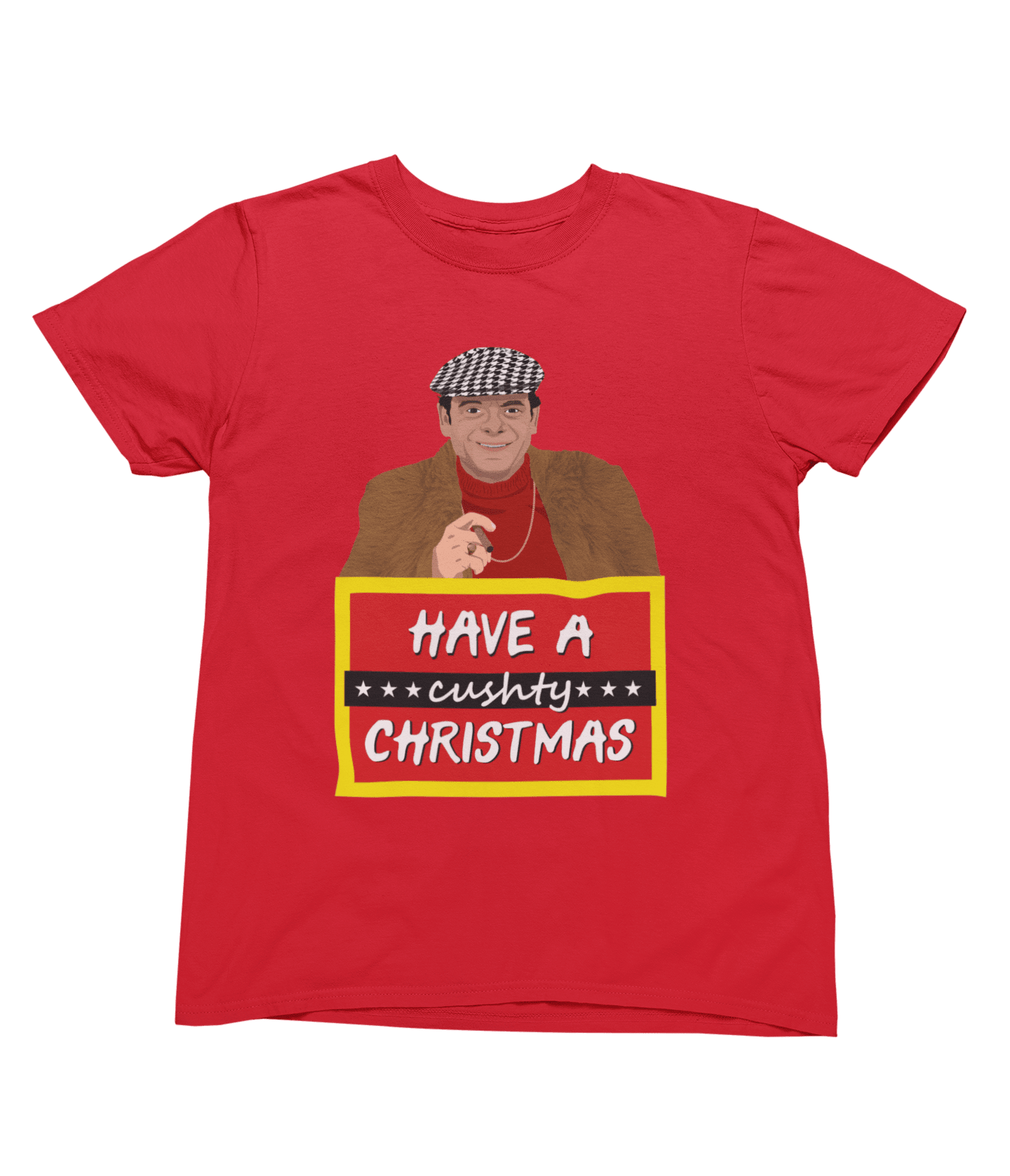 Beige t-shirt with Del Boy Christmas Jumper & - Lovely Jubbly Have a Cushty Christmas Parody