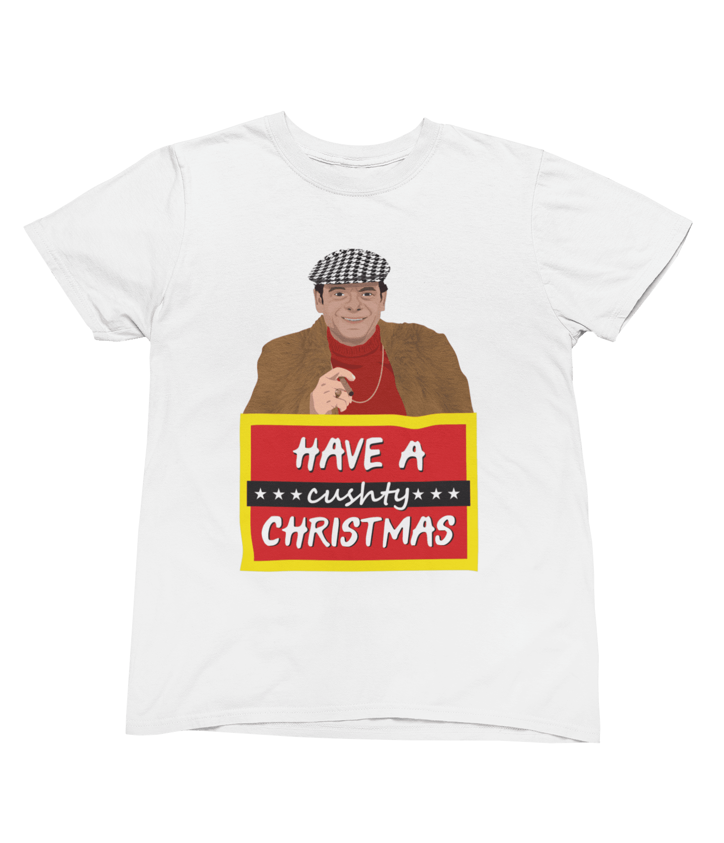 Blue t-shirt with Del Boy Christmas Jumper & - Lovely Jubbly Have a Cushty Christmas Parody wall display