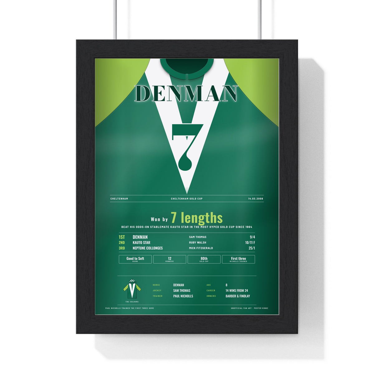 Denman Cheltenham Gold Cup 2008 Horse Racing Poster - Won by 7 Lengths Silks Print framed in a black frame, ready to hang