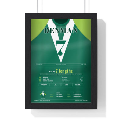 Denman Cheltenham Gold Cup 2008 Horse Racing Poster - Won by 7 Lengths Silks Print framed in a black frame, ready to hang