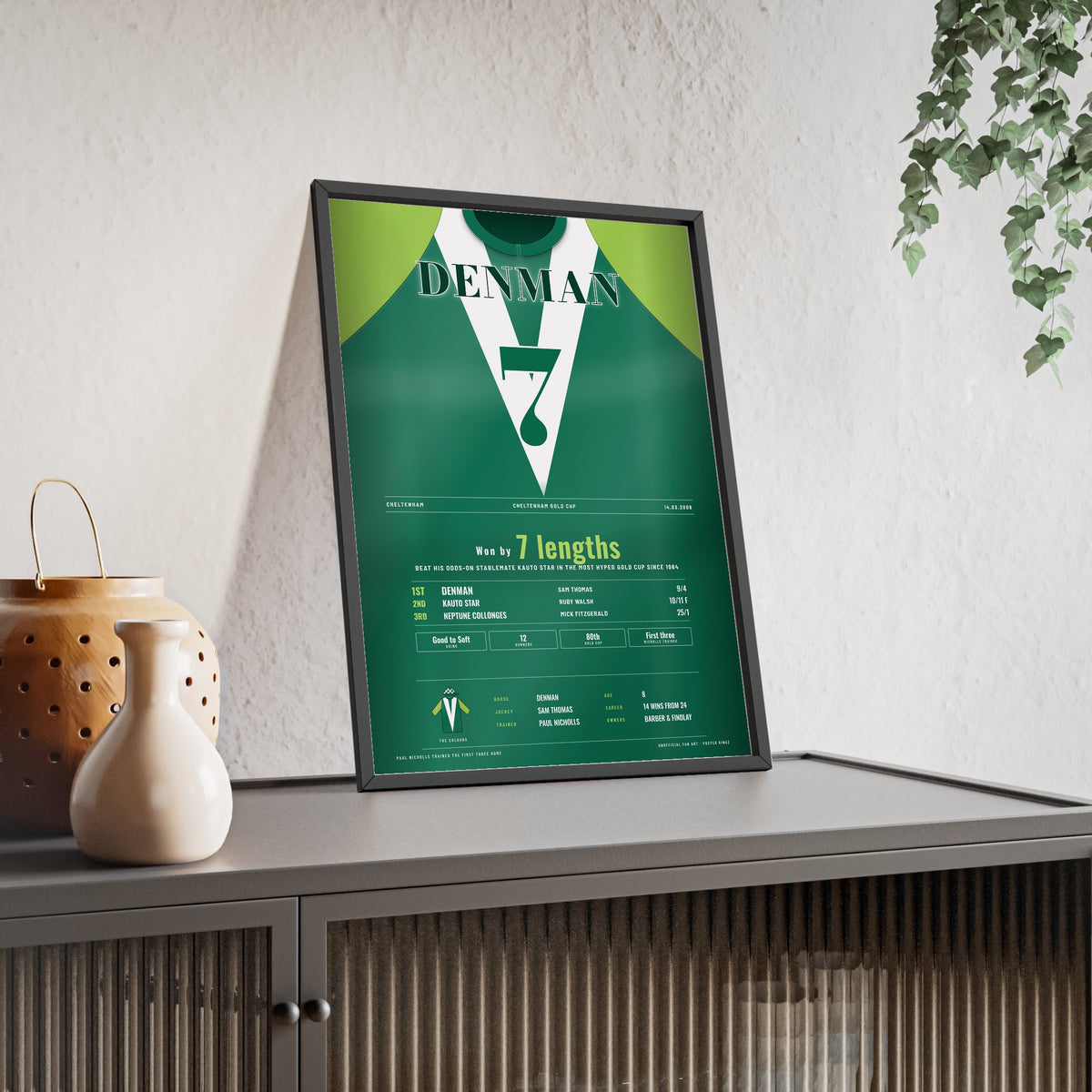 Denman Cheltenham Gold Cup 2008 Horse Racing Poster - Won by 7 Lengths Silks Print framed and leaning on a sideboard