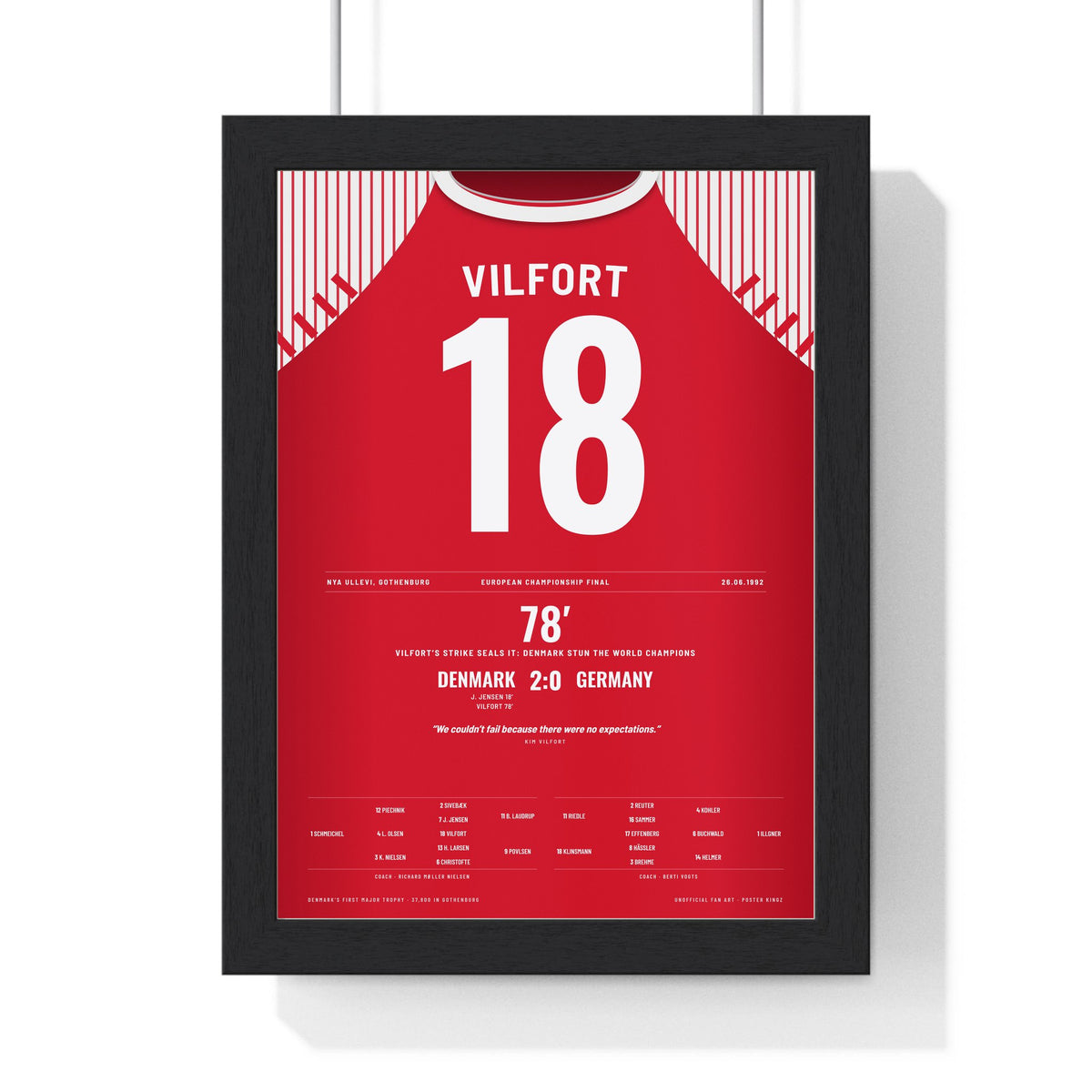 Denmark Euro 92 Final Poster - Kim Vilfort 18 v Germany Gothenburg Shirt Print framed in a black frame, ready to hang
