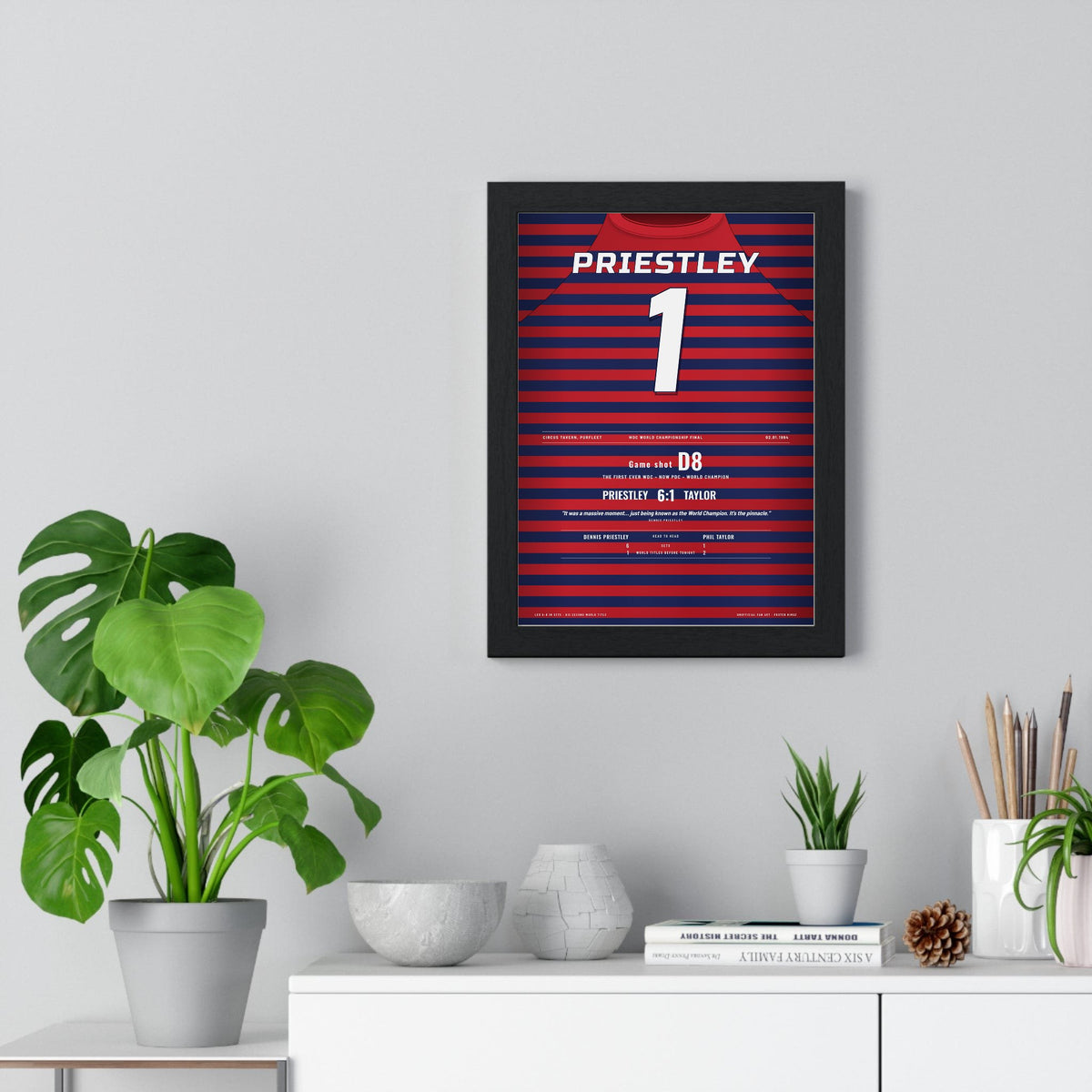 Dennis Priestley World Darts Final 1994 Darts Poster - First PDC Champion Shirt Print framed on a living room wall
