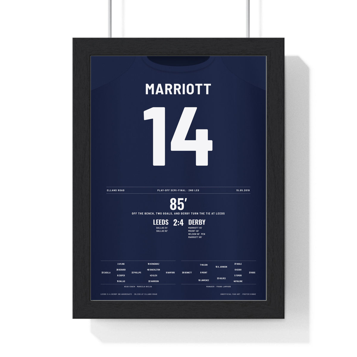Derby County 4-2 Leeds Play-Off 2019 Poster - Jack Marriott 14 Elland Road Shirt Print framed in a black frame, ready to hang